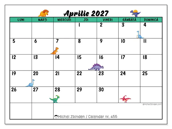 Calendar aprilie 2027 de tipărit - Dinozauri mici