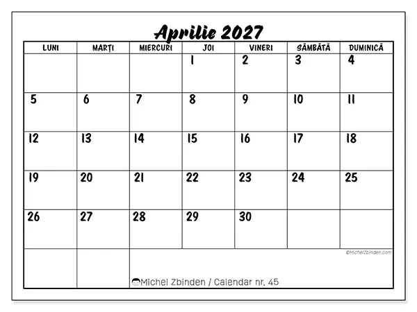 Calendar aprilie 2027 de tipărit - Succes școlar