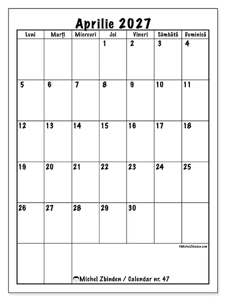 Calendar aprilie 2027 de tipărit - Planificare clară