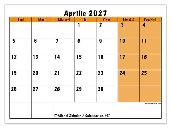 Calendar aprilie 2027 de tipărit - Planificare dinamică