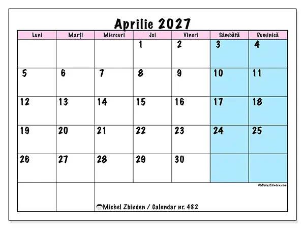 Calendar aprilie 2027 de tipărit - Program de echipă