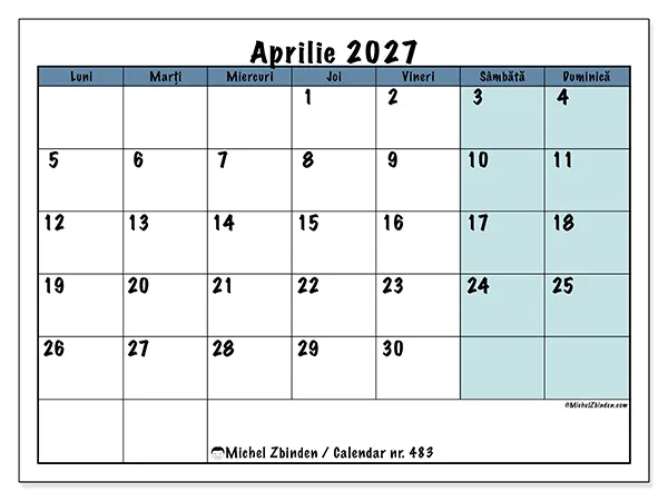 Calendar aprilie 2027 de tipărit - Structură pentru școală