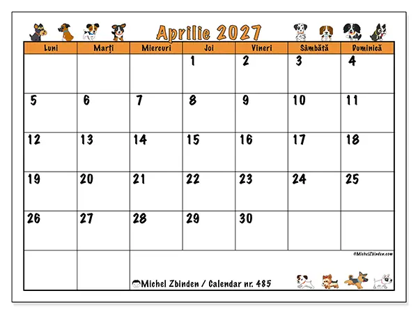 Calendar aprilie 2027 de tipărit - Câini entuziaști