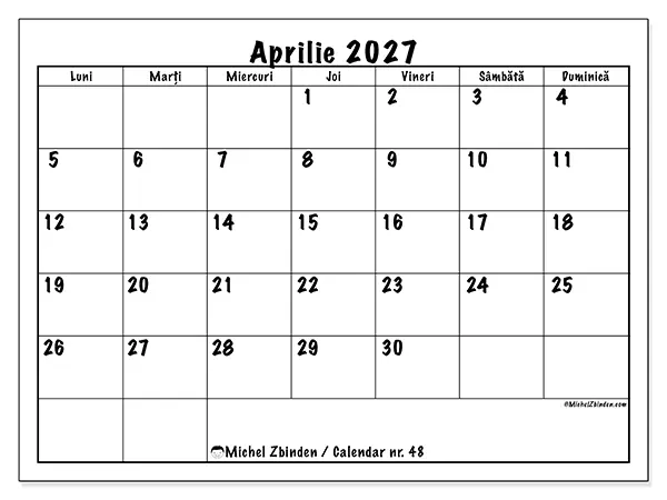 Calendar aprilie 2027 de tipărit - Planuri zilnice
