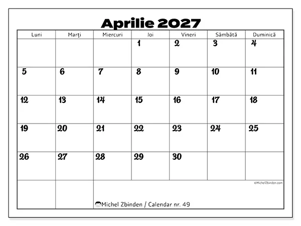 Calendar aprilie 2027 de tipărit - Coordonarea muncii