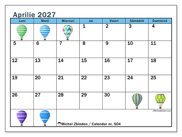 Calendar aprilie 2027 de tipărit - Baloane cu aer cald