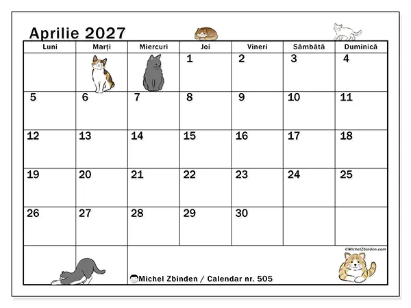 Calendar aprilie 2027 de tipărit - Viață de pisică
