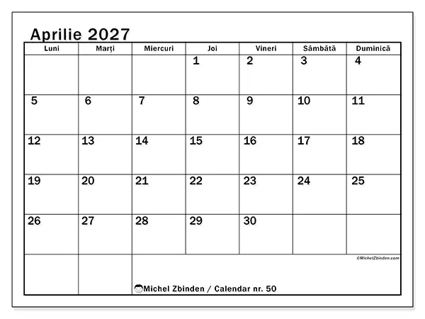 Calendar aprilie 2027 de tipărit - Lună clară