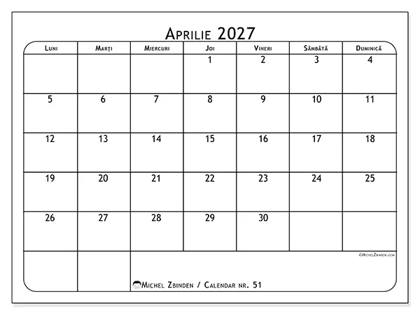 Calendar aprilie 2027 de tipărit - Planificator de mese
