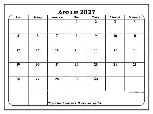 Calendar aprilie 2027 de tipărit - Plan de lucru