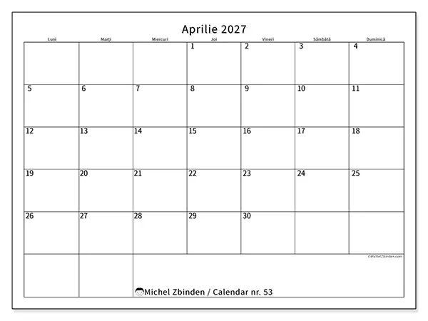 Calendar aprilie 2027 de tipărit - Program clar