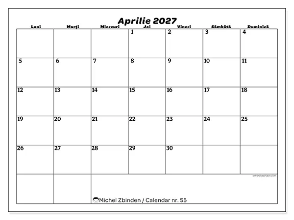 Calendar aprilie 2027 de tipărit - Timp liber