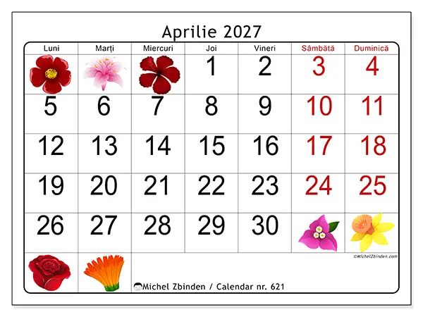 Calendar aprilie 2027 de tipărit - Flori mari