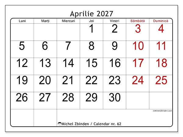 Calendar aprilie 2027 de tipărit - Vedere rapidă