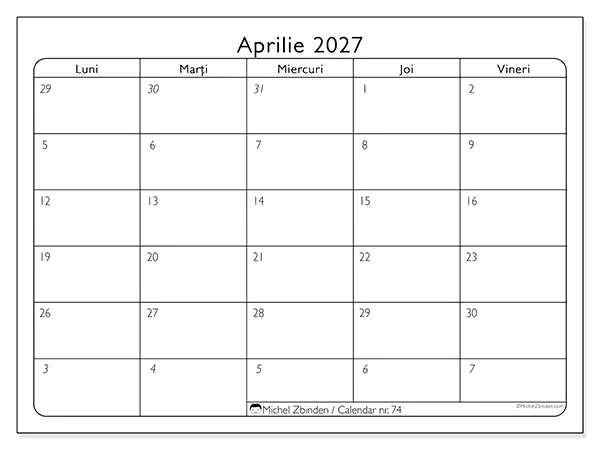 Calendar aprilie 2027 de tipărit - Zile lucrătoare