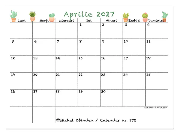 Calendar aprilie 2027 de tipărit - Cactuși decorativi