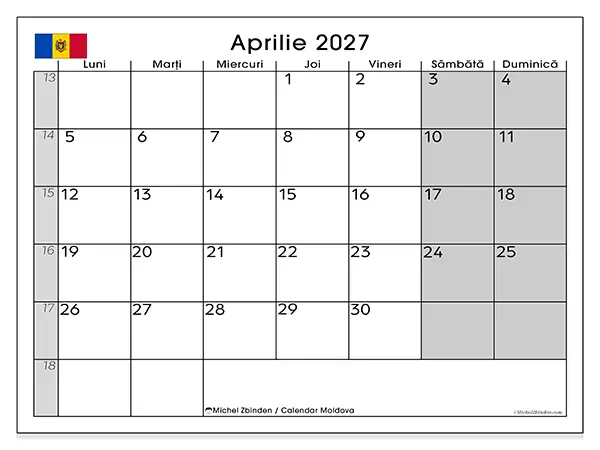 Calendar aprilie 2027 de tipărit - Moldova
