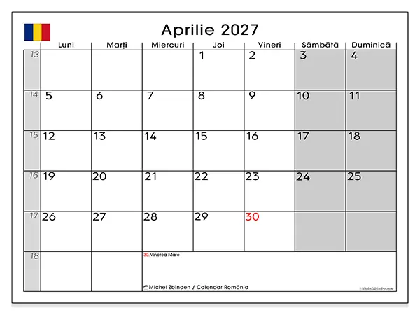 Calendar aprilie 2027 de tipărit - România