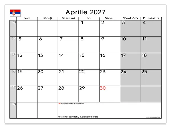 Calendar aprilie 2027 de tipărit - Serbia