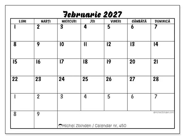 Calendar februarie 2027 de tipărit - Model detaliat
