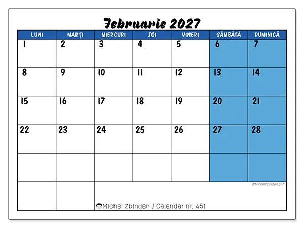 Calendar februarie 2027 de tipărit - Vedere albastră