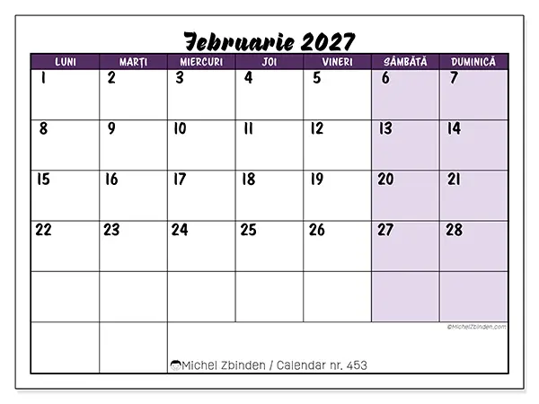 Calendar februarie 2027 de tipărit - Sarcini colorate