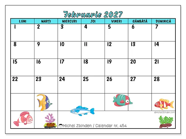 Calendar februarie 2027 de tipărit - Pești colorați