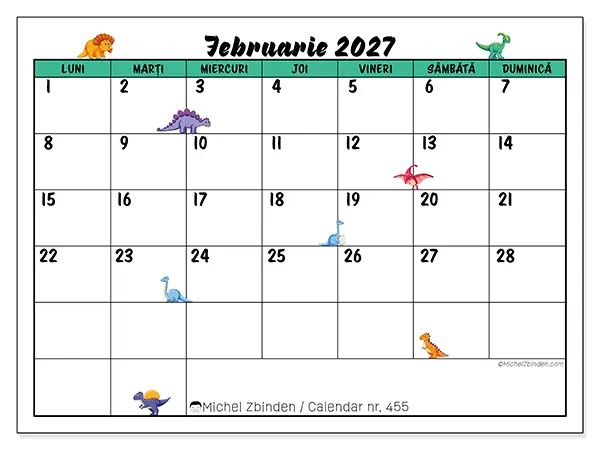 Calendar februarie 2027 de tipărit - Dinozauri mici