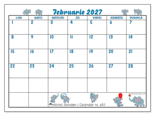 Calendar februarie 2027 de tipărit - Elefanți mici