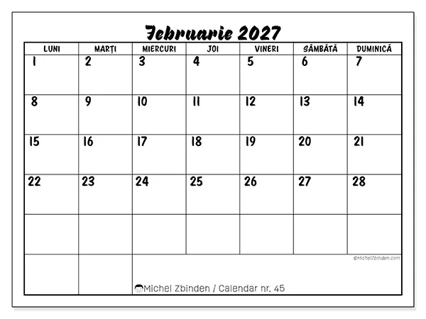 Calendar februarie 2027 de tipărit - Succes școlar