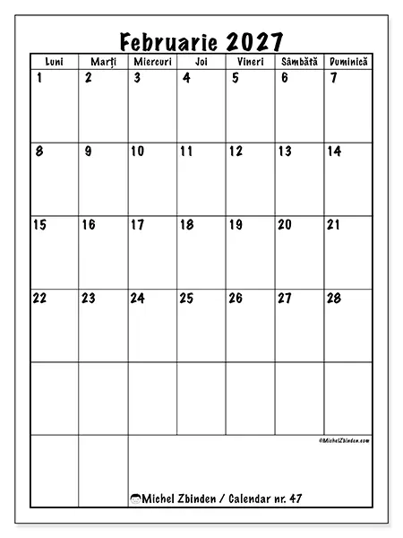 Calendar februarie 2027 de tipărit - Planificare clară