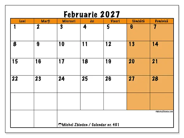 Calendar februarie 2027 de tipărit - Planificare dinamică