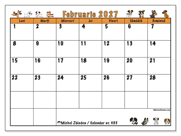 Calendar februarie 2027 de tipărit - Câini entuziaști