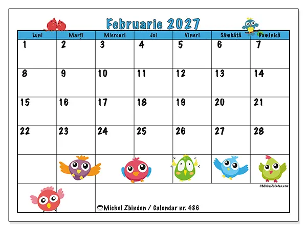 Calendar februarie 2027 de tipărit - Păsări amuzante