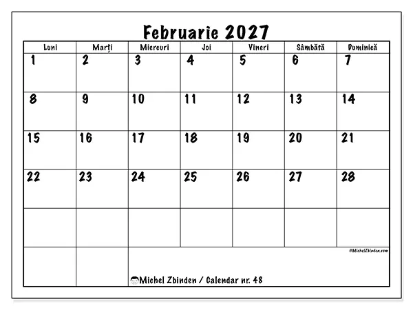 Calendar februarie 2027 de tipărit - Planuri zilnice
