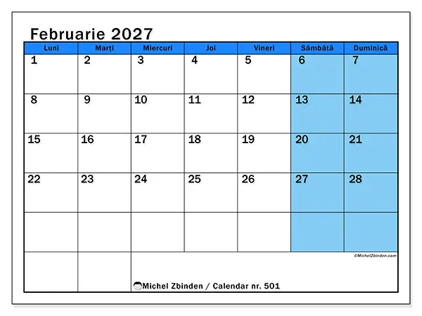 Calendar februarie 2027 de tipărit - Studii dinamice