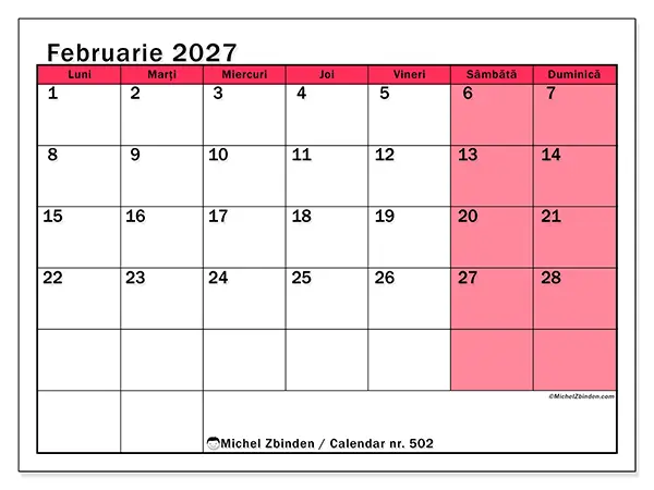 Calendar februarie 2027 de tipărit - Gestionare luminoasă
