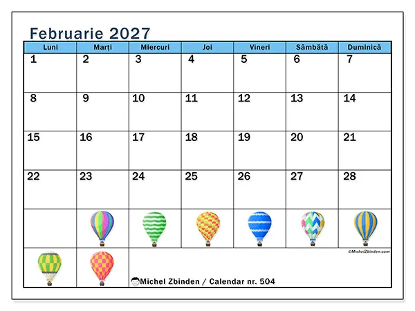 Calendar februarie 2027 de tipărit - Baloane cu aer cald