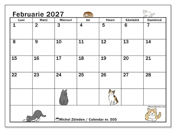 Calendar februarie 2027 de tipărit - Viață de pisică