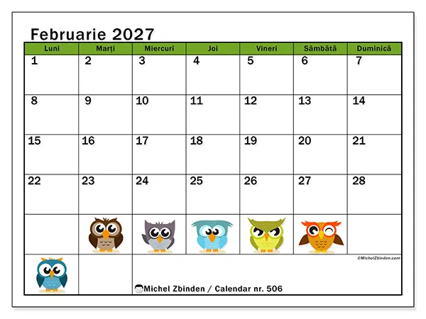 Calendar februarie 2027 de tipărit - Bufnițe amuzante