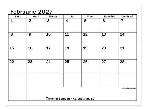 Calendar februarie 2027 de tipărit - Lună clară