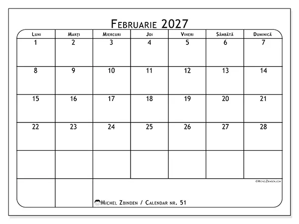 Calendar februarie 2027 de tipărit - Planificator de mese