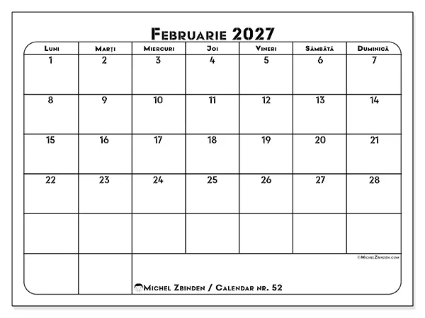 Calendar februarie 2027 de tipărit - Plan de lucru