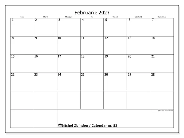 Calendar februarie 2027 de tipărit - Program clar