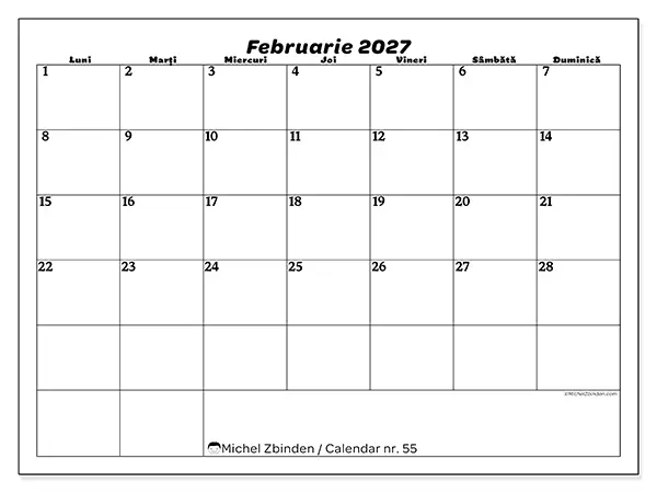 Calendar februarie 2027 de tipărit - Timp liber