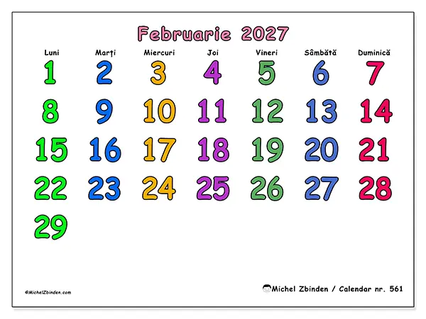 Calendar februarie 2027 de tipărit - Momente creative