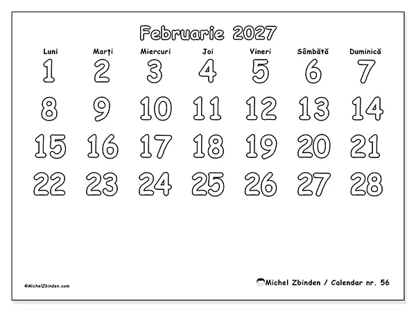 Calendar februarie 2027 de tipărit - Colorat util