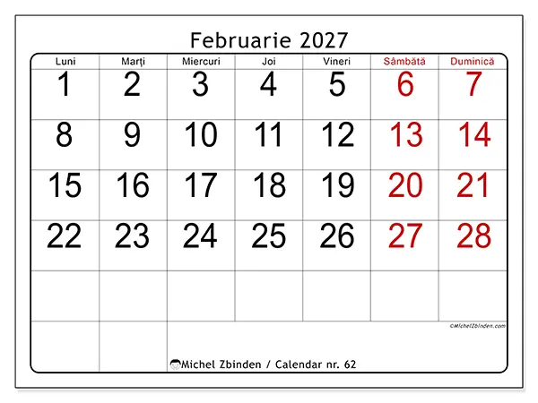 Calendar februarie 2027 de tipărit - Vedere rapidă