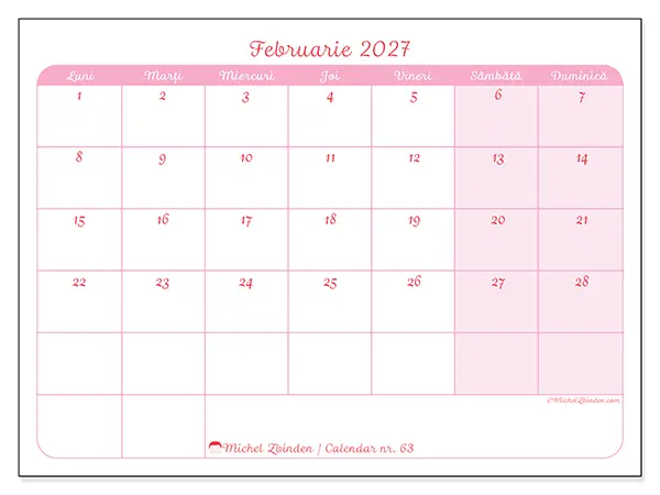 Calendar februarie 2027 de tipărit - Aspect calm