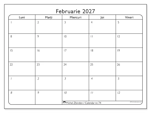Calendar februarie 2027 de tipărit - Zile lucrătoare